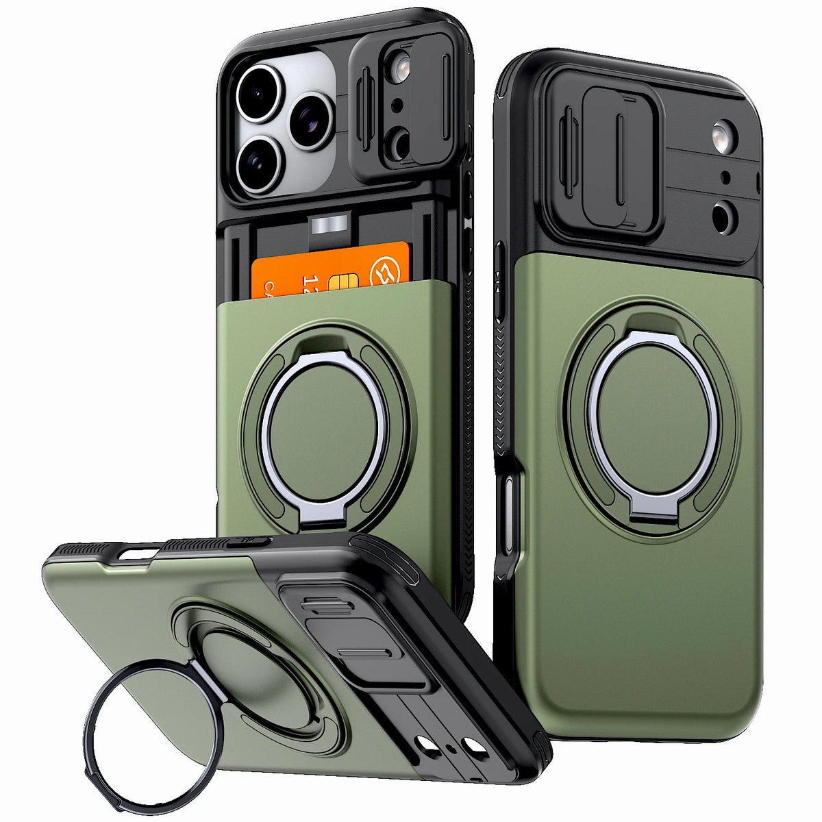Gräner Premium-Wallet-Hülle für iPhone, gezeigt mit mehreren Versionen und einem Stand.