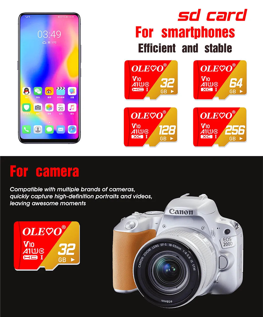 A set of SD cards for smartphones and cameras showing various storage capacities like 32 GB, 64 GB, 128 GB, and 256 GB.