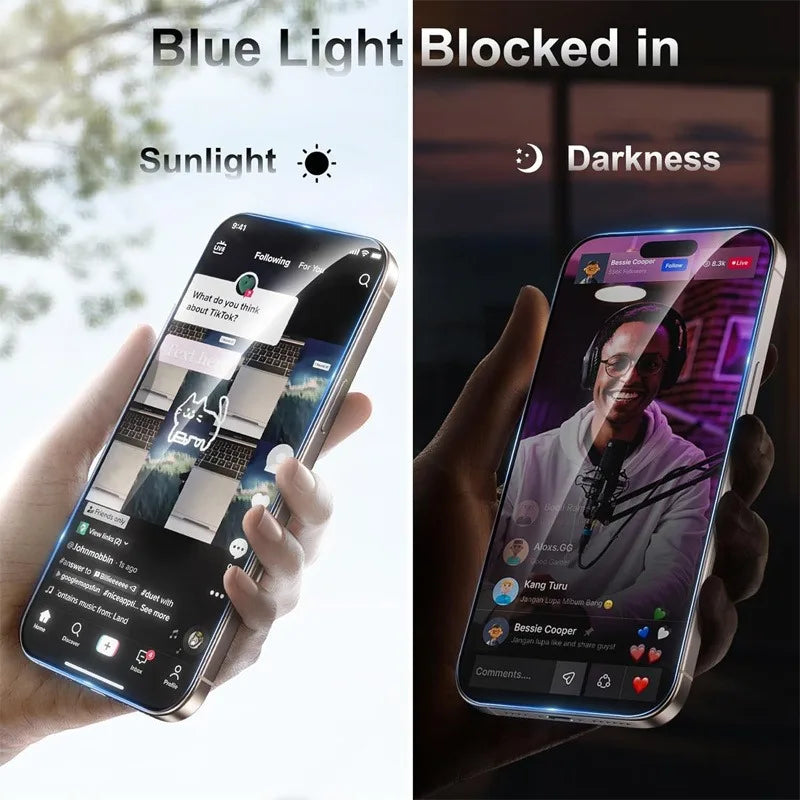 A smartphone screen is shown with blue light blocked in, contrasting sunlight and darkness settings.