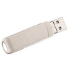 A silver metal USB flash drive with lightning and Type-C connectors.