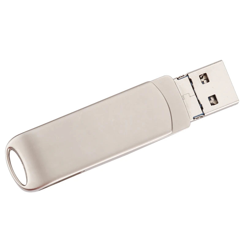 A silver metal USB flash drive with lightning and Type-C connectors.