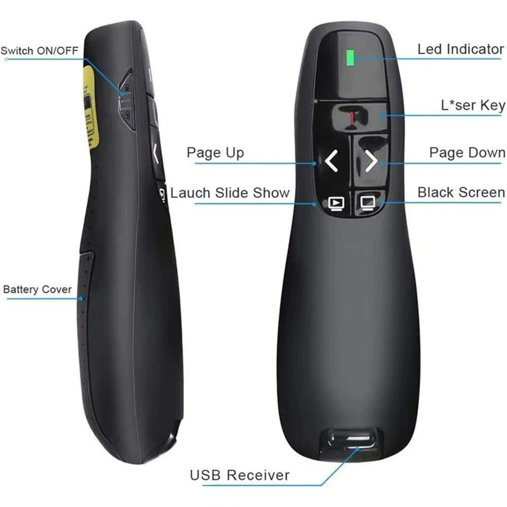 A black presentation pen pointer device shown with various features like a switch, page controls, and USB receiver.