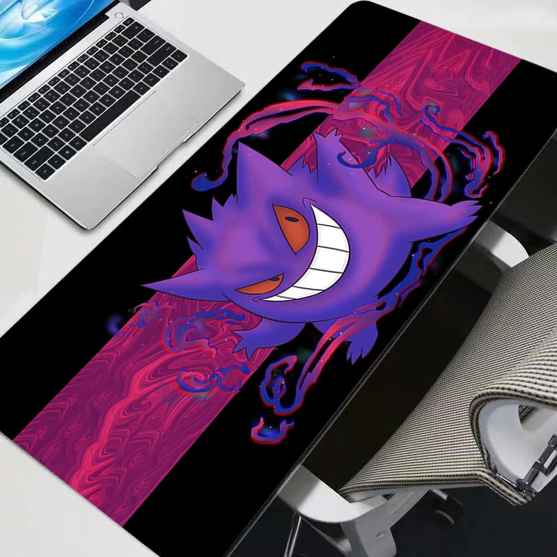 A black gaming mouse pad featuring a vibrant purple Gengar print with pink and blue accents.