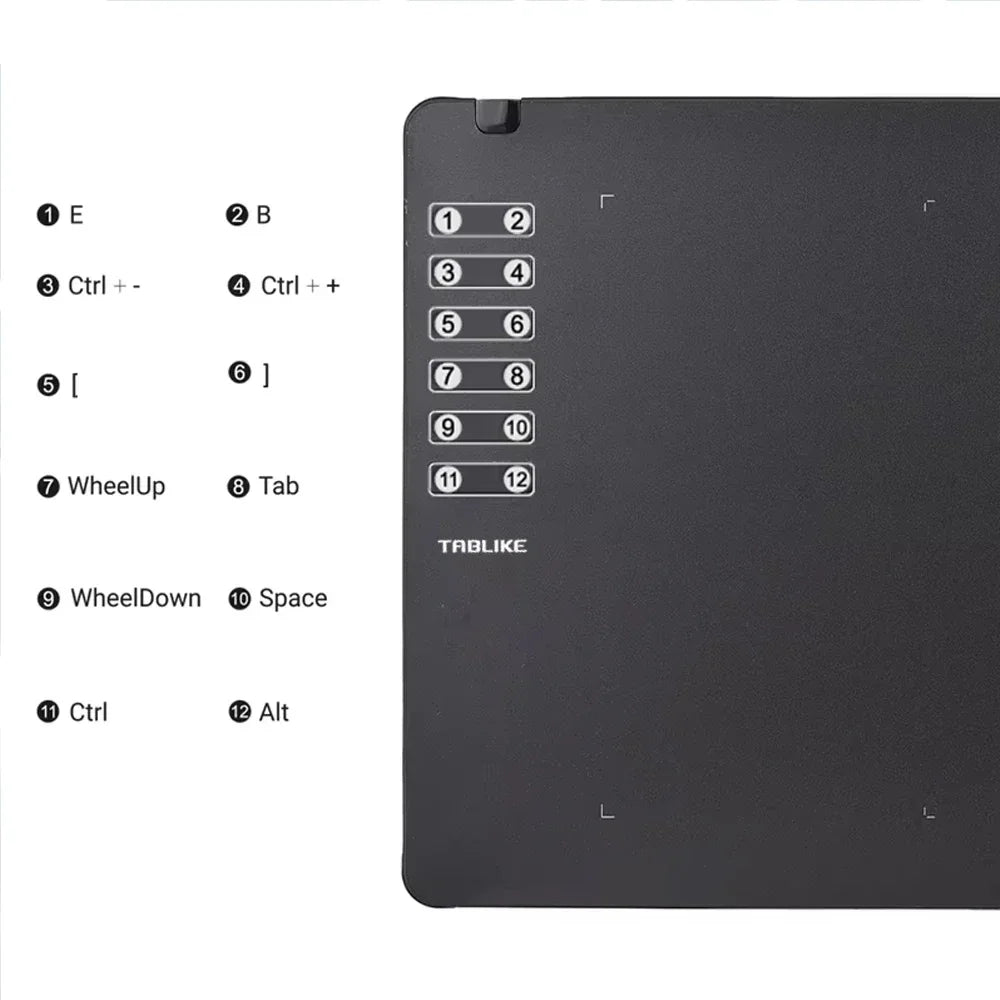 Tablette graphique numérique noire professionnelle sensible à la pression avec touches de fonction étiquetées.