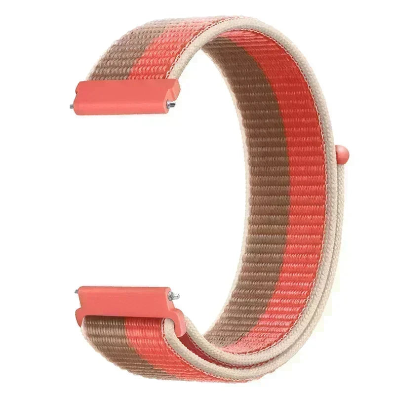 A close-up view of a soft, adjustable replacement watch strap with a woven nylon loop in pink and beige colors.