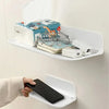 A white foldable wall shelf displaying various storage items including a box of glasses and a smartphone.