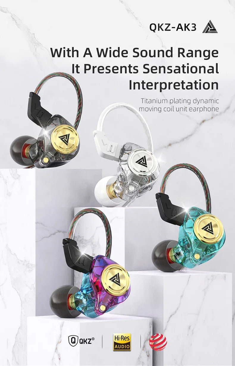 A set of titanium plating dynamic moving coil unit earphones with a microphone shown in various colors