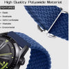 A close-up of a dark blue braided nylon watch band for a Garmin device, showing its texture and flexibility.