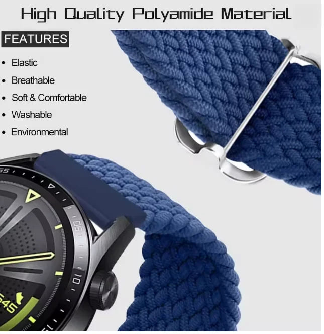 A close-up of a dark blue braided nylon watch band for a Garmin device, showing its texture and flexibility.