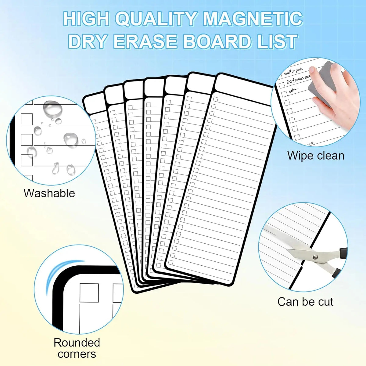 A set of high quality magnetic dry erase board lists with various features like washable, rounded corners, and ability to be 