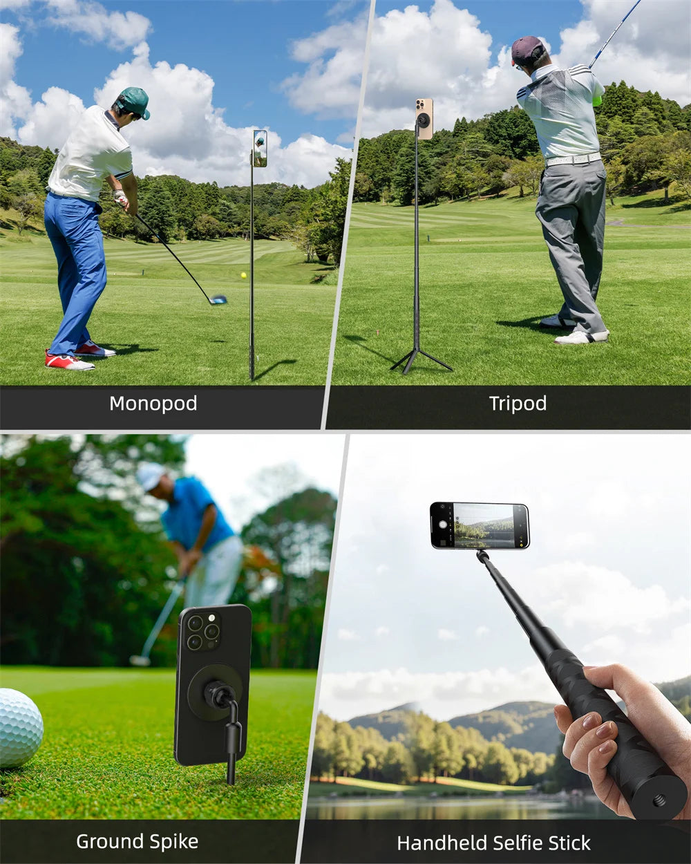 Three types of golf camera mounts: Monopod, Tripod, Ground Spike, and Handheld Selfie Stick.