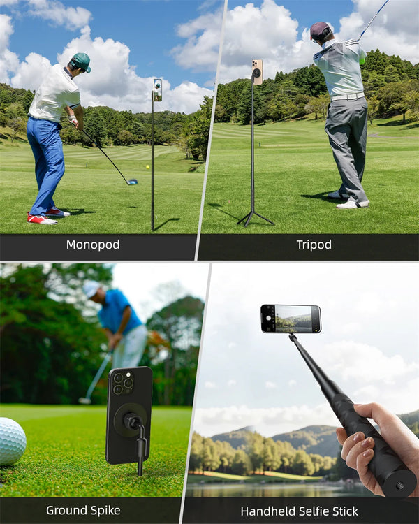 Three types of golf camera mounts: Monopod, Tripod, Ground Spike, and Handheld Selfie Stick.