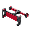 A flexible car headrest mount in red and black for holding tablets and phones.