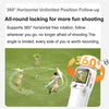 A white 360 degree gimbal stabilizer is shown with a person filming in a grassy outdoor setting.