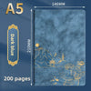 A dark blue luxury PU leather notebook with gold foil illustrations and 200 pages.