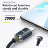 A black 120W USB-C to USB-C fast charging cable with a braided nylon connector is shown next to a smartphone.