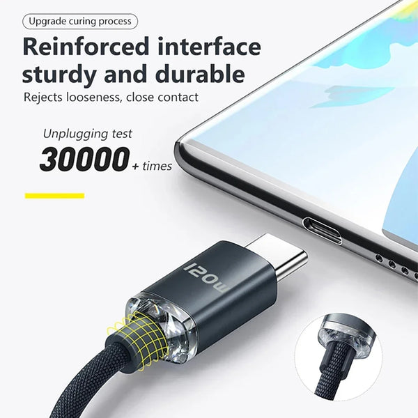 A black 120W USB-C to USB-C fast charging cable with a braided nylon connector is shown next to a smartphone.