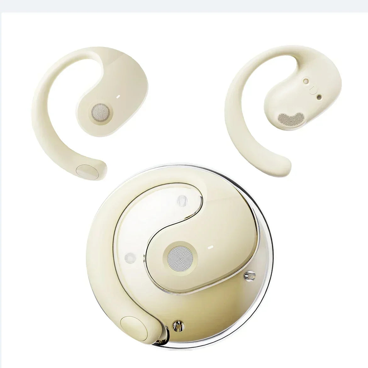 A pair of beige wireless Bluetooth earbuds with a charging case shown in various angles.