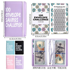 A set of 100 envelope savings challenge binders in purple and black, featuring various currency notes.
