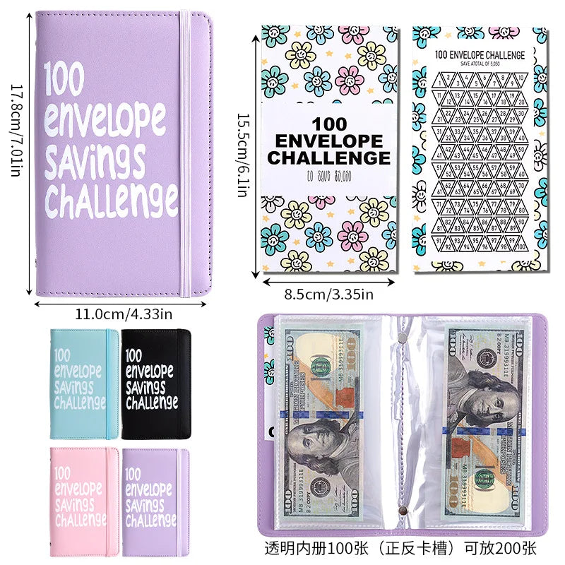 Ein Set von 100 Umschlag-Spar-Challenge-Bindern in Lila und Schwarz mit verschiedenen Banknoten.