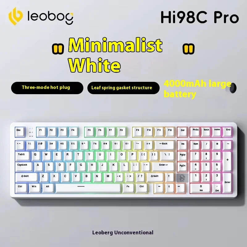 A white mechanical keyboard with a large battery and leaf spring gasket structure is shown against a light gray background.