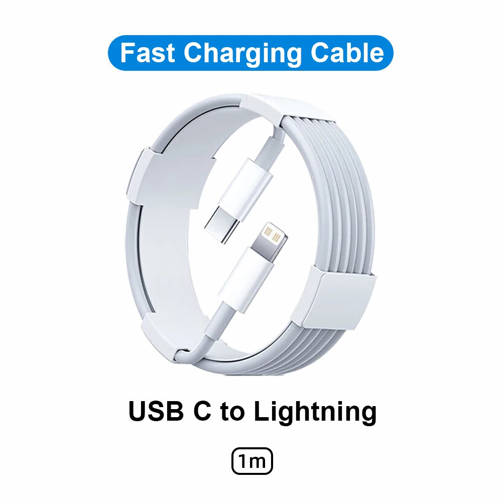 White fast charging cable for USB C to Lightning connection, 1 meter long.