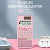 A pink FX-991EX scientific calculator with a slide-on hard case resting on papers.
