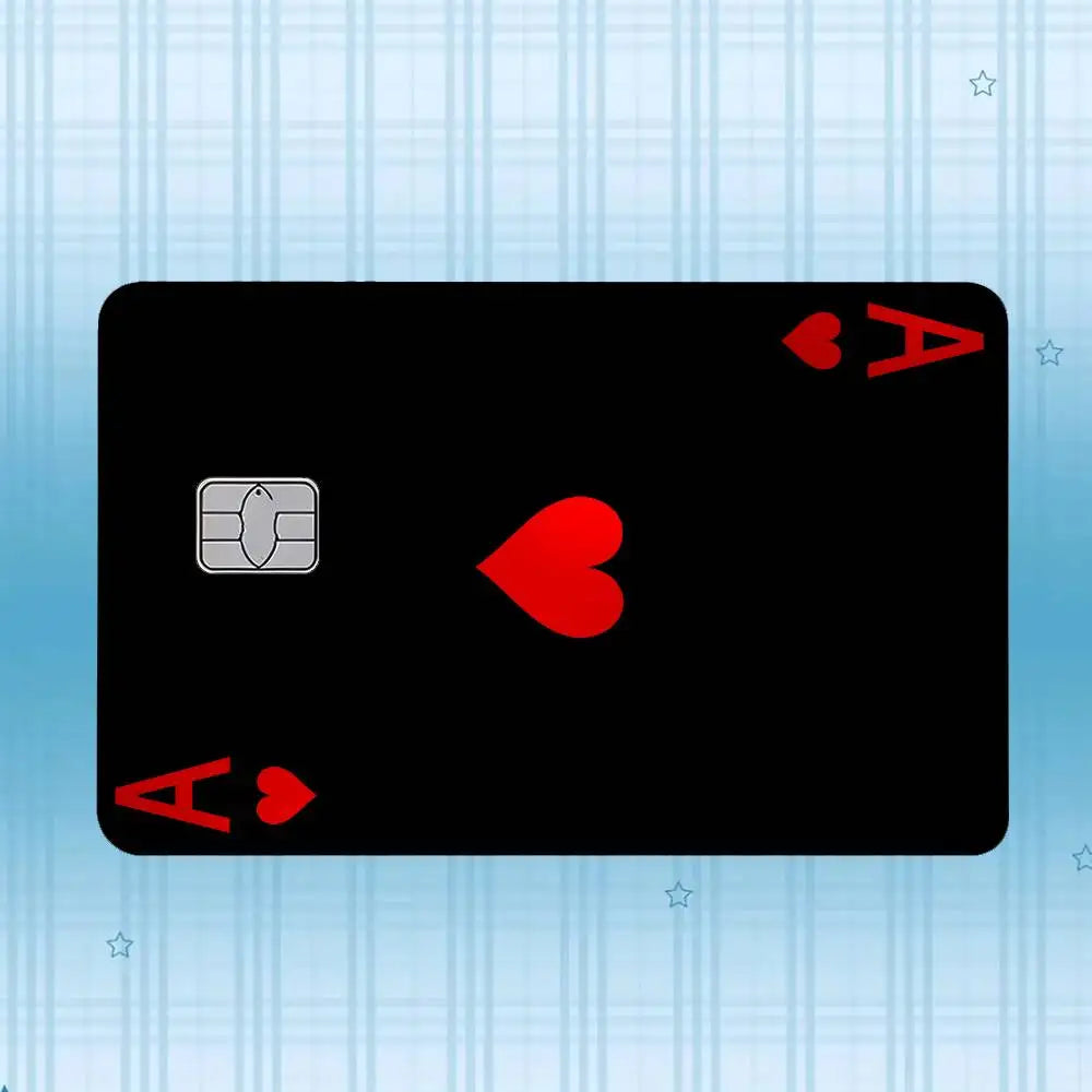 A black card displaying the Ace of Hearts and Ace of Spades symbols on a light blue patterned background.