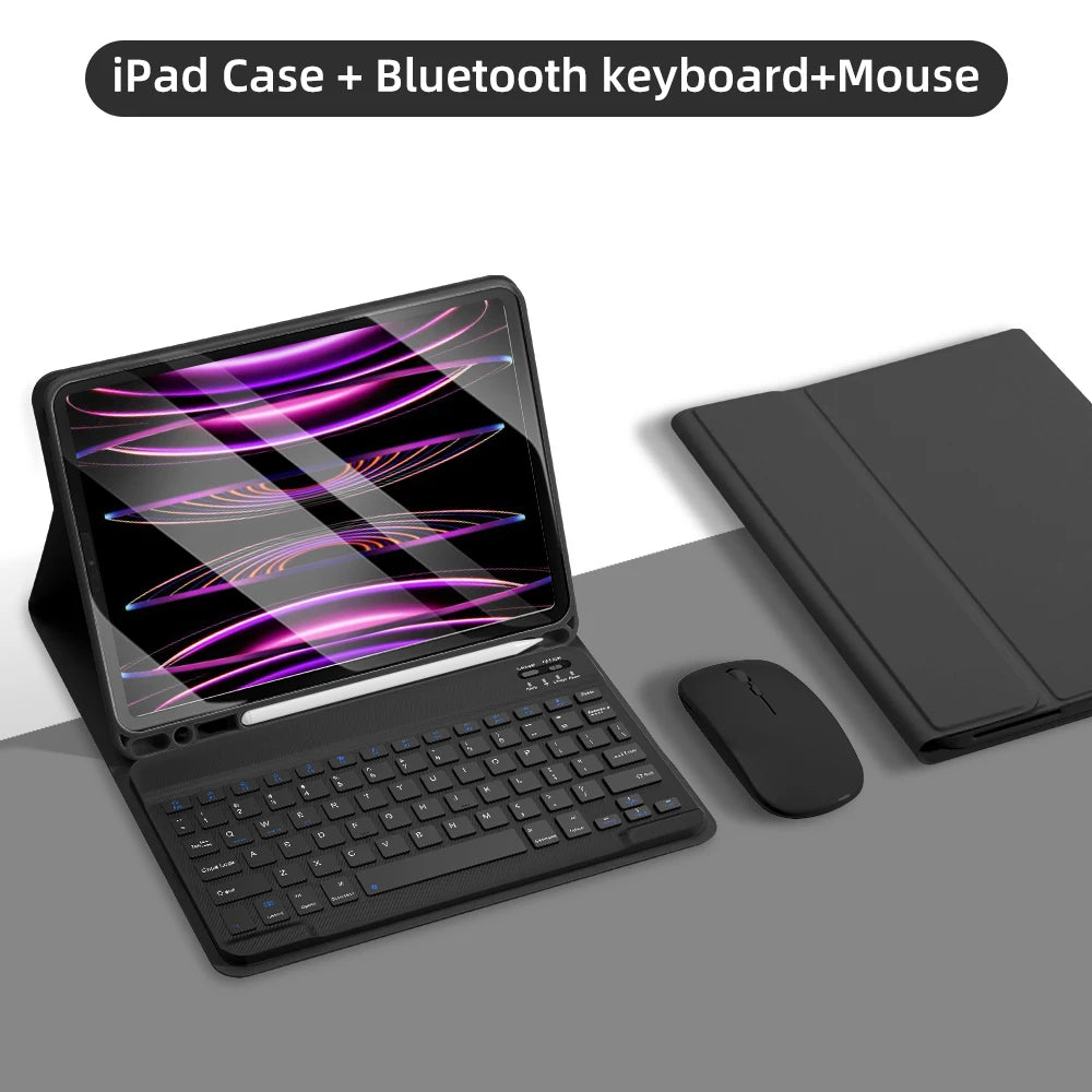 A black iPad case with a Bluetooth keyboard and mouse displayed on a gray surface.