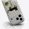 A hybrid phone case featuring a black cat martini pattern on a white background with multiple camera lenses.