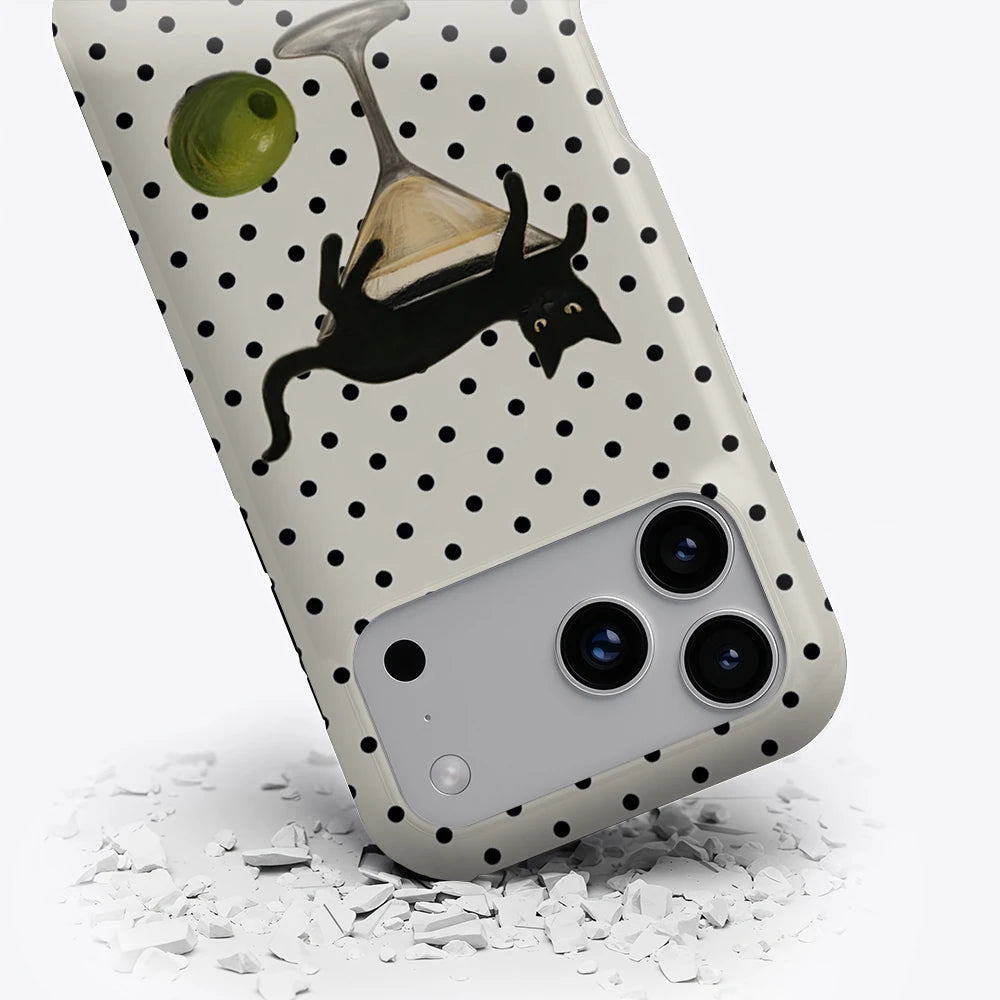A hybrid phone case featuring a black cat martini pattern on a white background with multiple camera lenses.