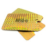 A gold-colored RFID protection card holder with a security warning label.
