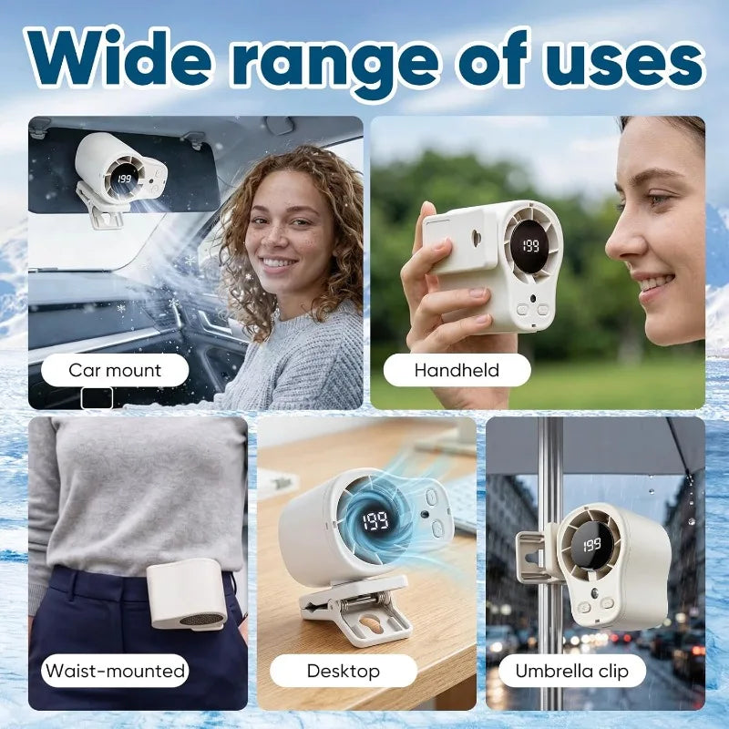 Various mounting options for a portable clip-on fan including car mount, handheld, waist-mounted, desktop, and umbrella clip.