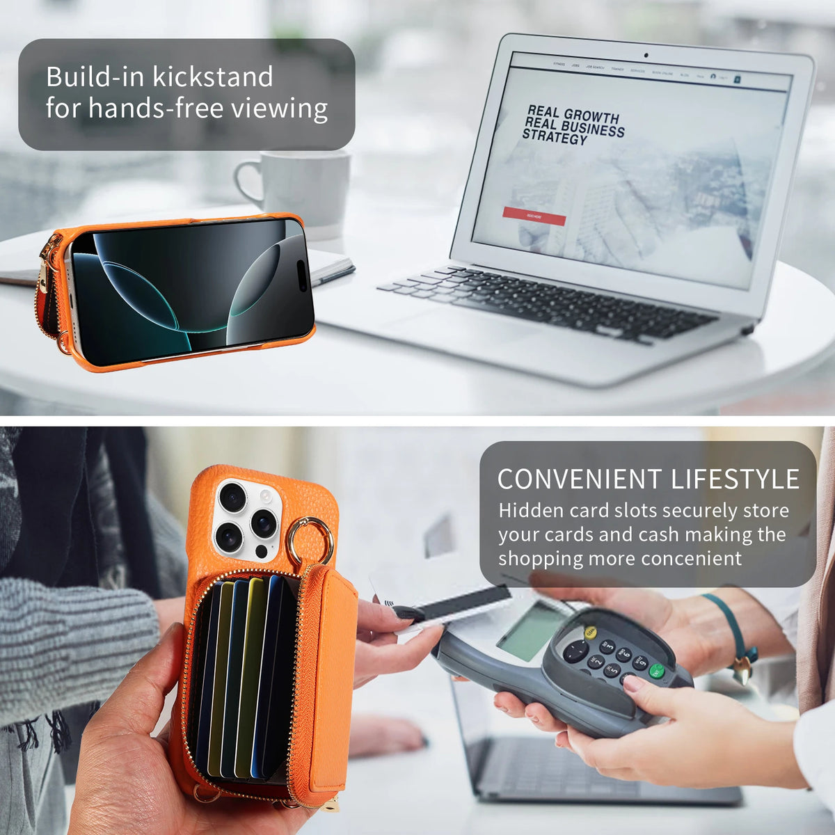 Orange premium PU leather phone case with hidden card slots and wallet shown next to a laptop.