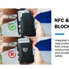 A hand holds a black slim leather wallet with an integrated aluminum case, demonstrating RFID blocking technology.