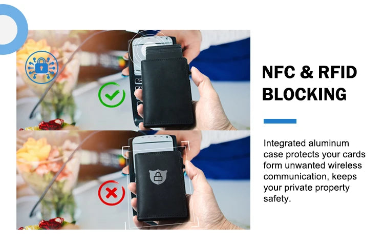 A hand holds a black slim leather wallet with an integrated aluminum case, demonstrating RFID blocking technology.