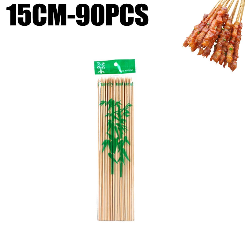 A set of natural bamboo skewers, 90 pieces long, packaged in green, ready for grilling or cooking.