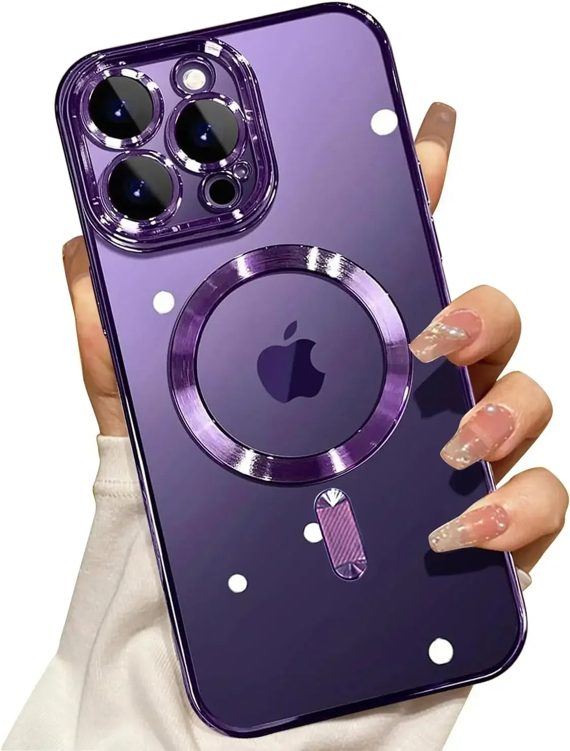 Lila magnetische kabellose Handyhülle für iPhone mit Kameraschutz und kreisförmigem Design.