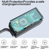 A close-up view of a multi-protection laptop charger adapter with various safety features listed below it.