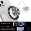 A silver magnetic phone ring holder and stand with a universal adapter shown next to an iPhone case.