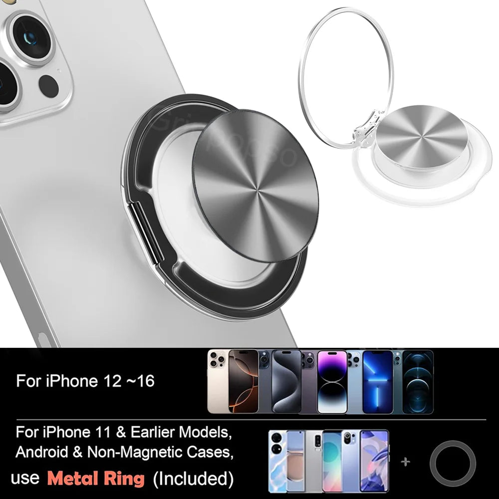 A silver magnetic phone ring holder and stand with a universal adapter shown next to an iPhone case.