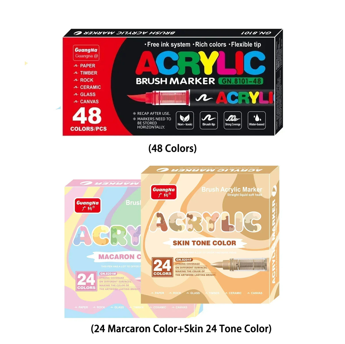 A set of acrylic brush markers featuring 48 colors and a skin tone color for DIY art