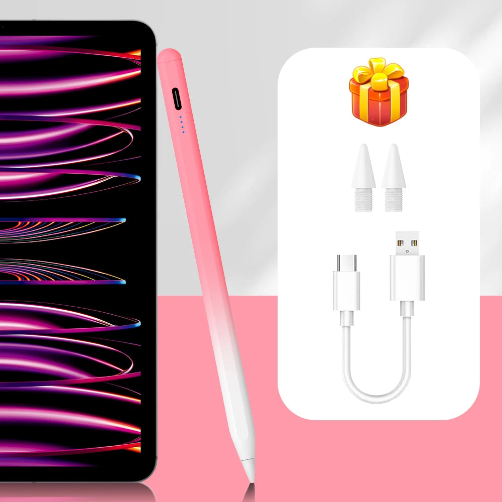 A pink magnetic stylus pen and charging cable are shown next to a smartphone display.