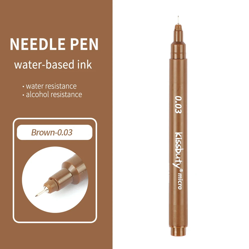 A brown needle pen with a gold cap and barrel, showing the ink color Brown-0.03.