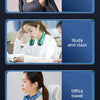 Three panels show a bladeless portable neck fan used for sports, study and class, and office travel.