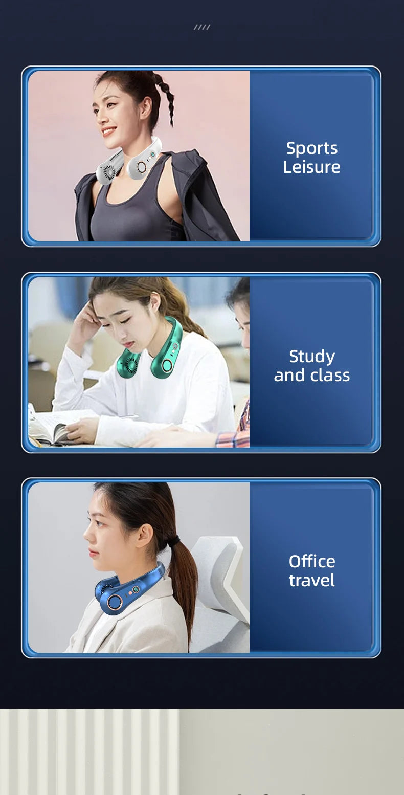 Three panels show a bladeless portable neck fan used for sports, study and class, and office travel.