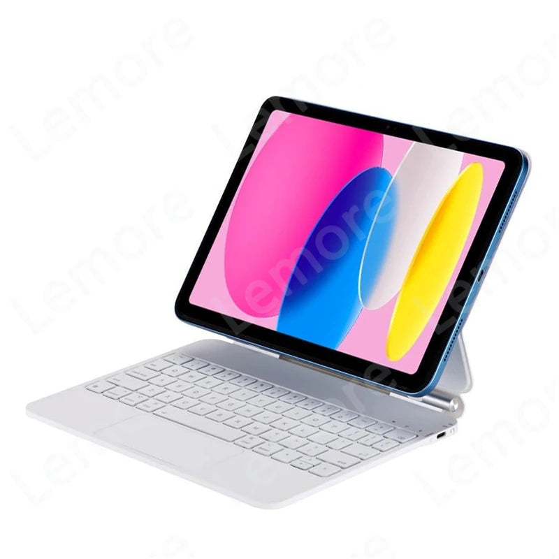 A white Magic Keyboard case for an iPad showing a pink and blue screen display.