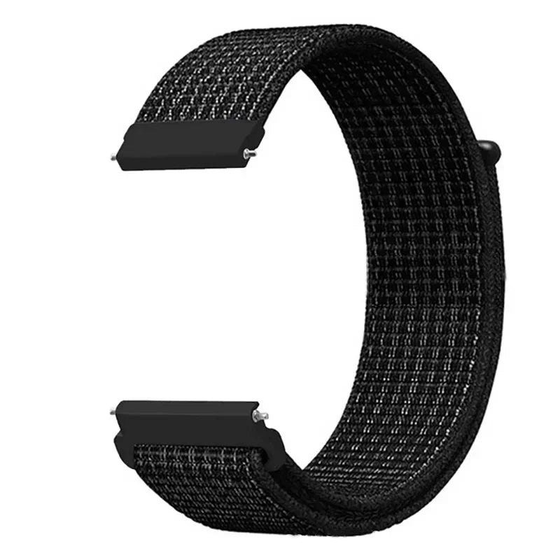 A black nylon loop watch strap is shown against a white background.