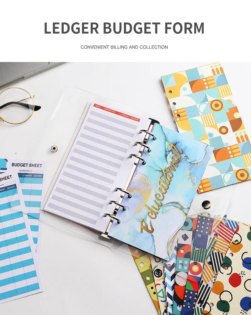 A ledger budget form is shown with a spiral-bound planner binder and various colorful sheets on a white surface.