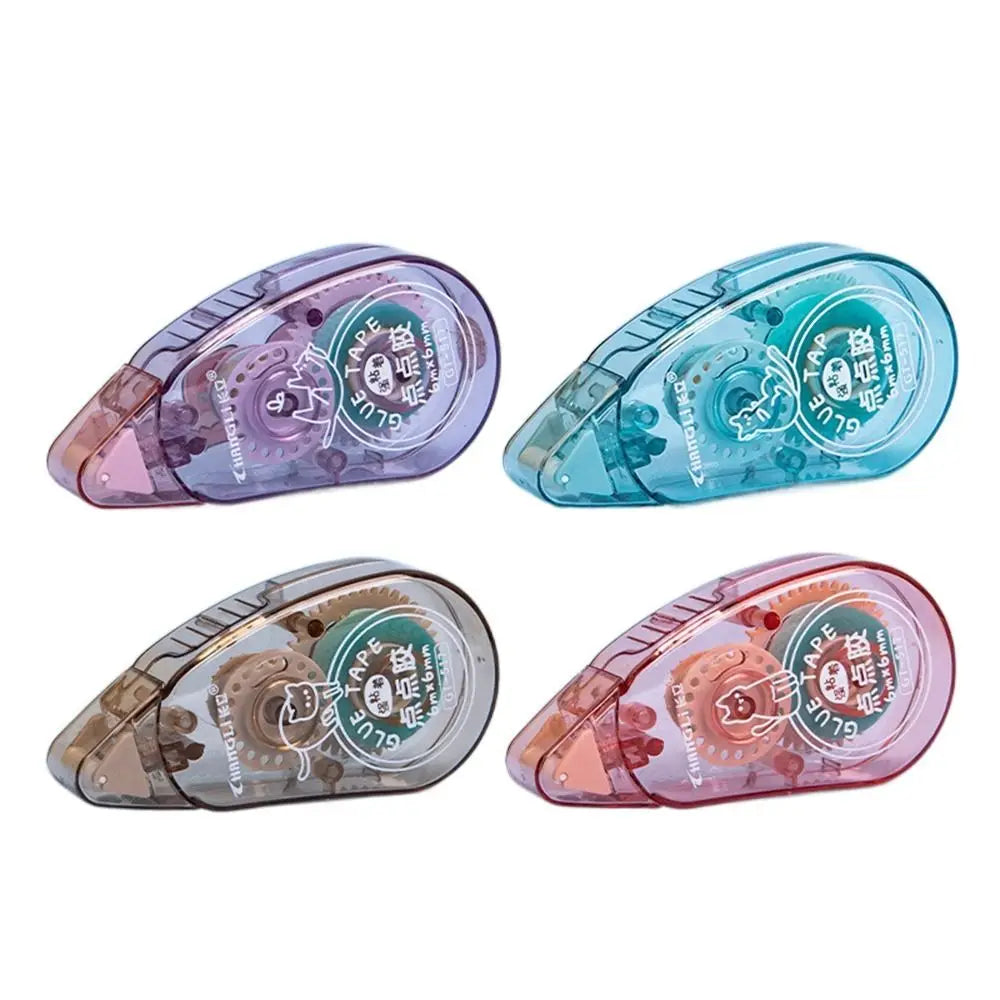 Four glass bottles of heavy duty double-sided adhesive tape in various shades of purple and blue.
